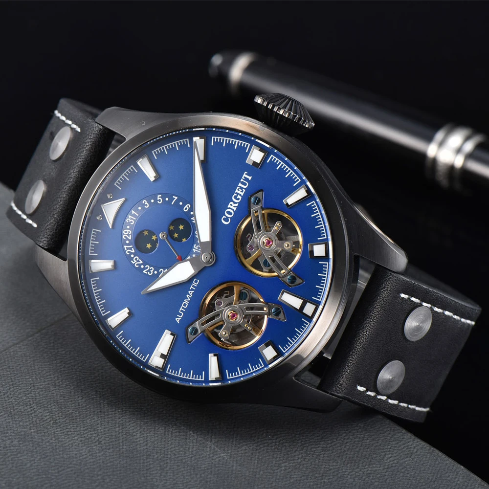 Corgeut 46MM Mens Hollow Tourbillon blue dial sapphire leather steel black case Automatic moon phase calendar mechanical watch | Наручные