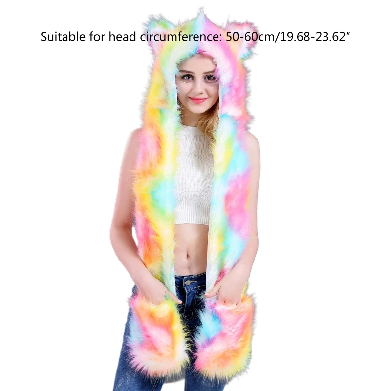 

Women 3 In 1 Furry Animal Hat Scarf Gloves Mittens Multifunctional Rainbow Colorful Fluffy Plush Hoodie with Paws Ears