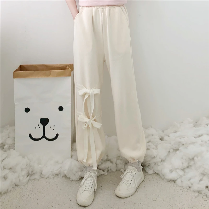 

Осенне-зимняя женская одежда новый дизайн чувственный милый бант вязаные повседневные Мягкие защитные брюки для девочек Свободные Студенч...