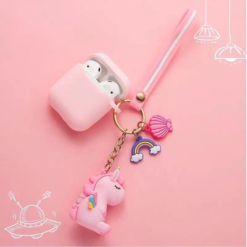 Розовый Симпатичные Мультяшные наушники чехол для AirPods с брелок для ключей с единорогом беспроводной Bluetooth кожухи головных телефонов для Apple AirPods 2 аксессуары - Цвет: Розовый