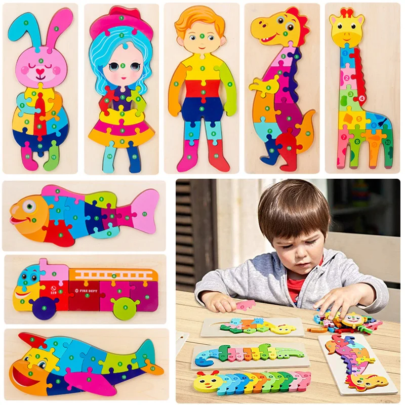 

3D Wooden Jigsaw Puzzle Kids Early Educational Toy Dinosaur Animals Cognitive Baby Toys Gifts Games for Children