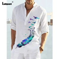 mens long sleeve casual shirts men vintage fashion top pullovers sexy homme clothing 2022 summer new feather birds print blouse