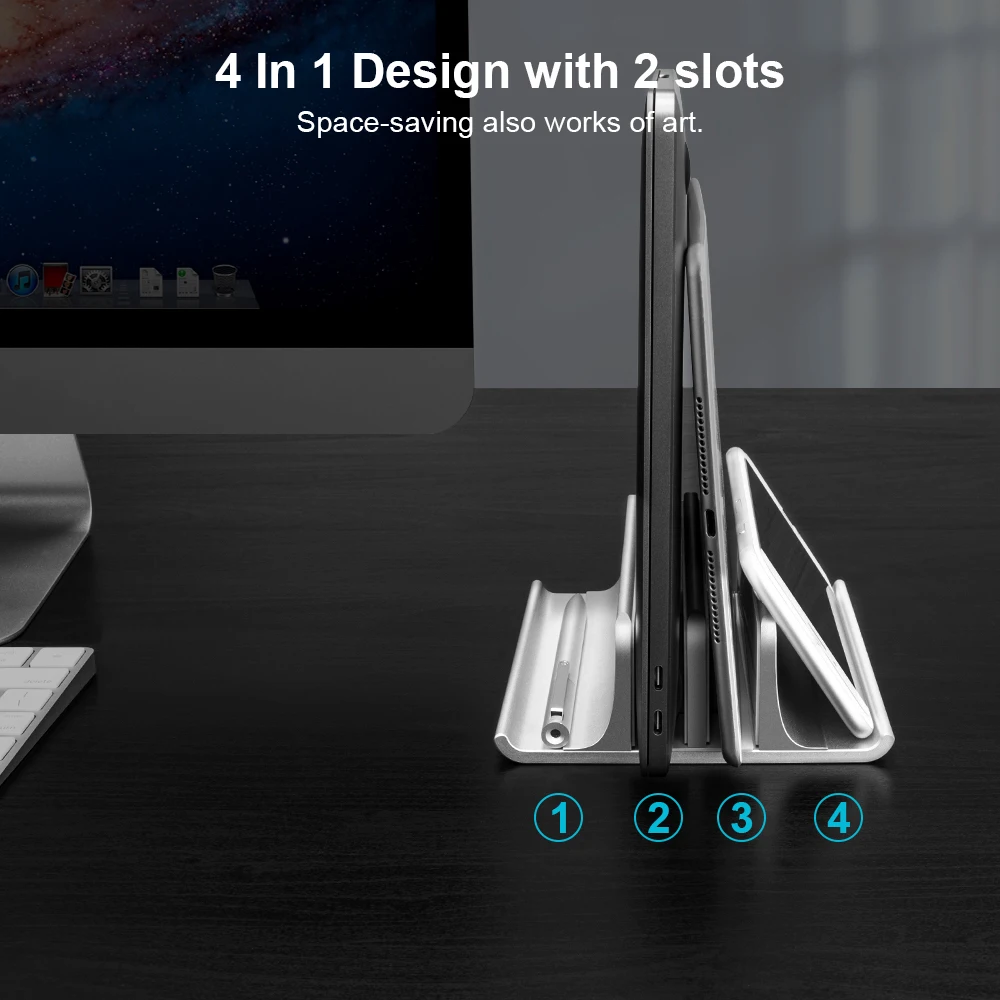 

Vertical Laptop Stand/Adjustable Metal Holder Newly Designed 2 Slot Aluminum Desktop Dual Holder Up to 17.3 Inches - Silver
