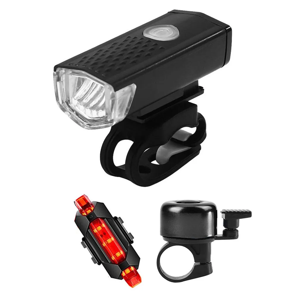 

USB Rechargeable Bike Light Set ABS Waterproof Bike Headlamp Taillight Night Riding Safety Warning Lamp with Horn