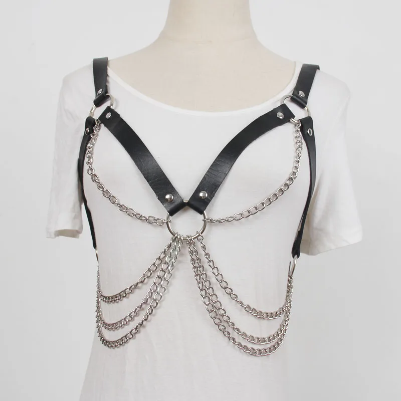 

PUNk Gothic Women Waist Belts PU Leather Adjustable Multi-layers Chains Harness Waist Shoulder Bondage Halter body bondage belt