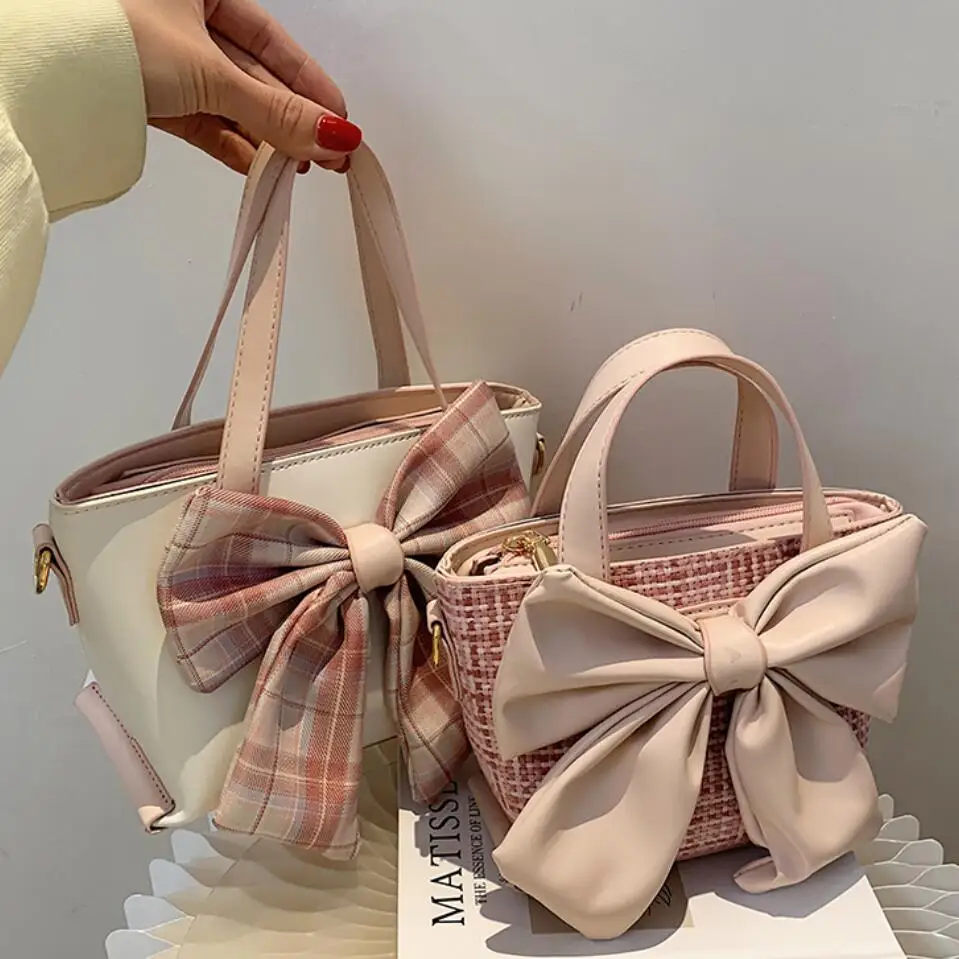 

Женская розовая сумка-тоут с большим бантом, Новинка лета 2021, женская дизайнерская сумка из высококачественной искусственной кожи, маленьк...