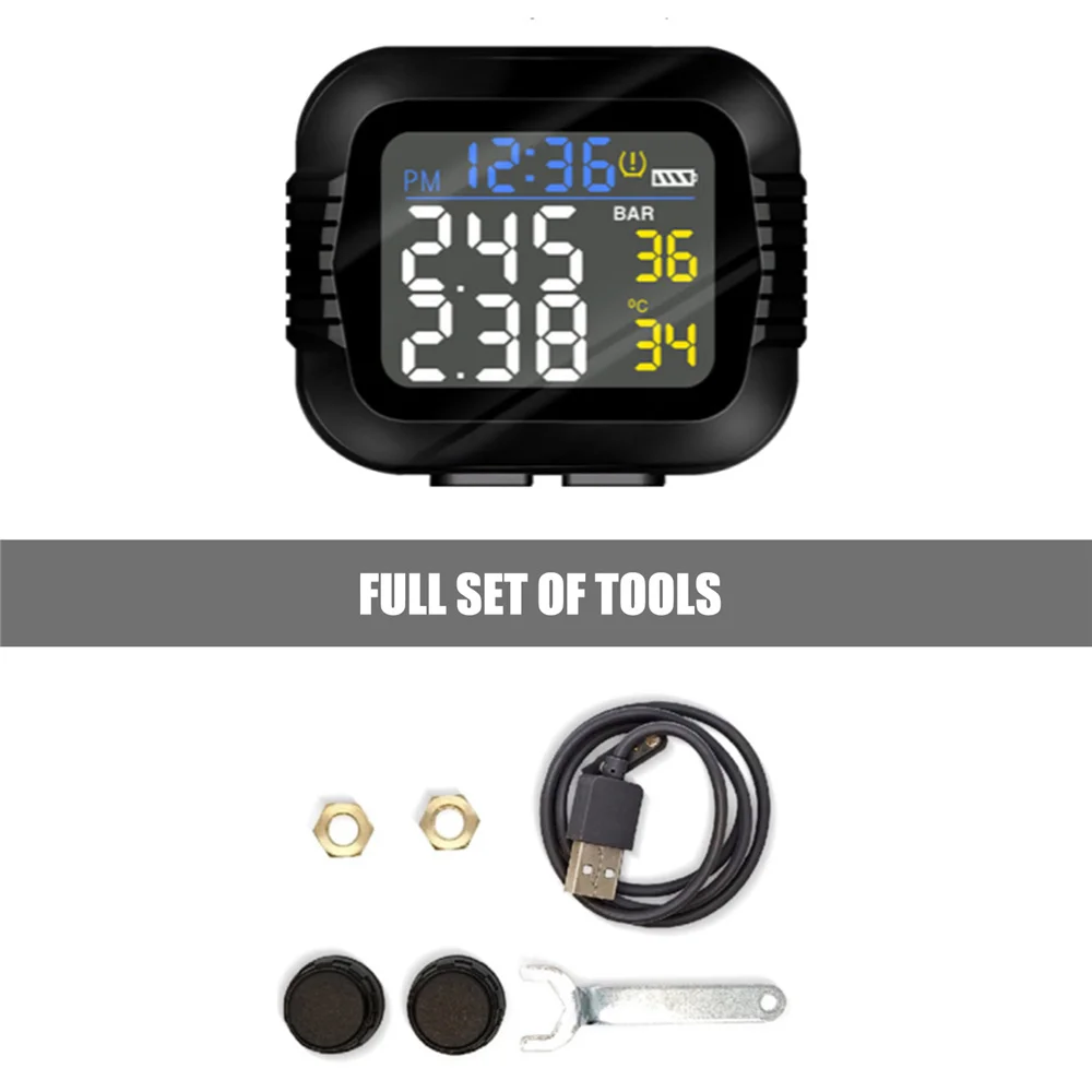 

Motorcycle TPMS Motor Tire Pressure USB Charge Tyre Temperature Monitoring Alarm System with 2 External Sensors 2 Anti-theft Nut