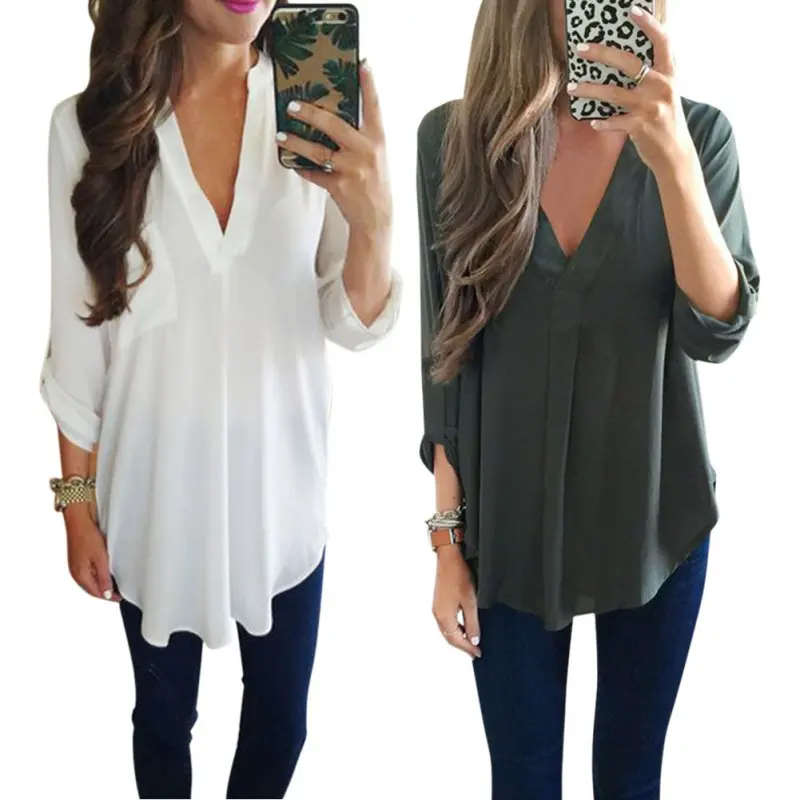 

Women's Loose Blouse Shirts Casual Blouse V-Neck Three Quarter Sleeve Blouse Plus Size Shirt New Women Clothing Tops