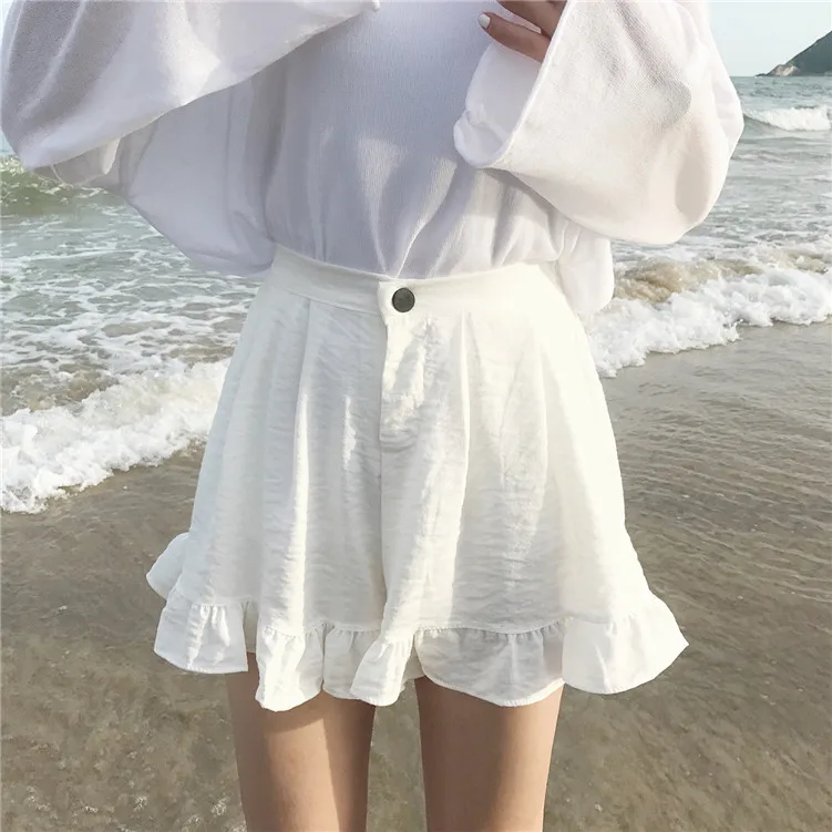 Расклешенные с широкими штанинами шифоновое короткое рюшами и высокой талией