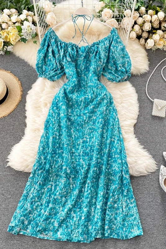 

Holiday Dress 2021 Summer Women's Elegant Off Shoulder Puff Sleeve Midi Dress Female Boho Floral Beach Dress For Women