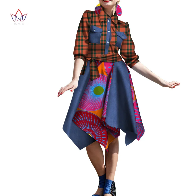 African Women Plaid Shirt Dress Fashion Half Sleeve Earring  African Clothing Dashiki Plus Size Sexy Party Dress WY3142