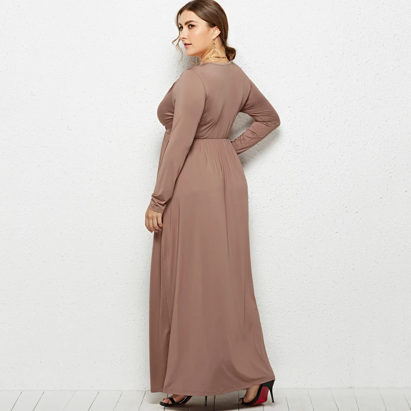 Плюс Размеры Осень Платье макси с длинным рукавом эластичной резинкой на талии v