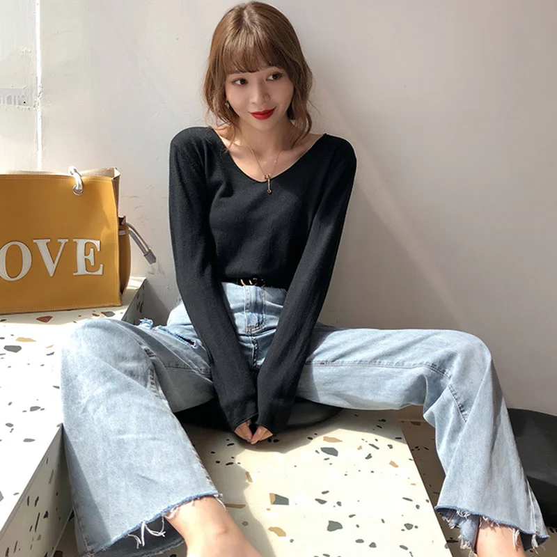 

New 2021 Autumn Winter Women's Sweaters V-Neck Minimalist Tops Fashionable Korean Style Knitting Casual Solid Pullovers