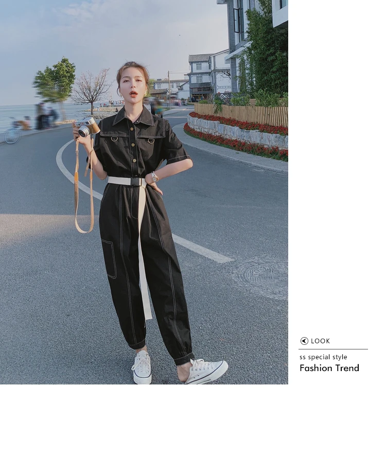 

2021 Summer Short Sleeve Lapel Jumpsuit Women Streetwear Hip Hop Loose Casual Belt One Piece Cargo Pants Overalls Harem Romper