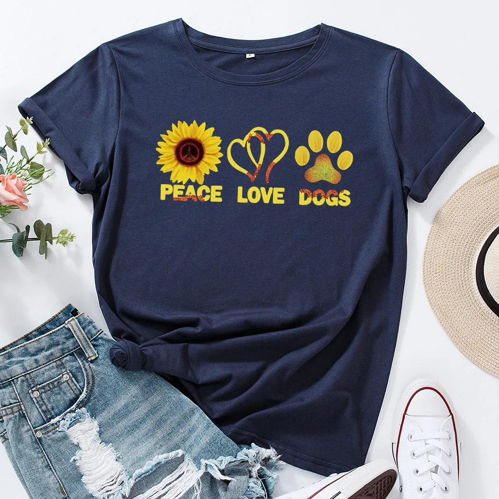 

Peace Love Dogs T Shirt Women Cotton 5XL Plus Size Sunflower Paw Print Short Sleeve Cute Graphic T Shirts Female Summer Tees