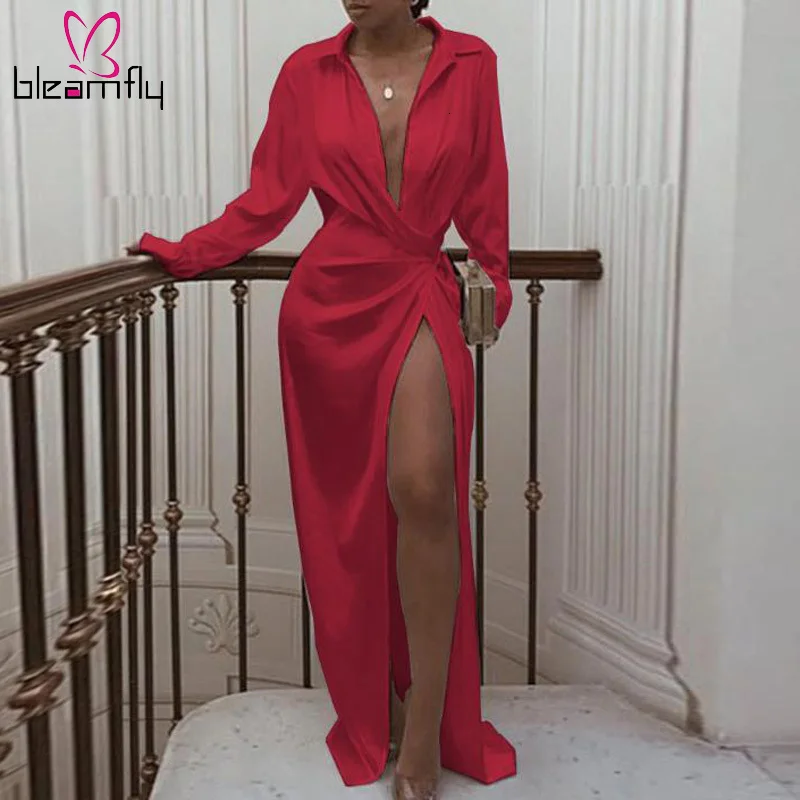 2019 женское однотонное платье рубашка витой дизайн макси с длинным рукавом белое