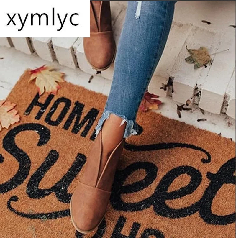 

2020 New Winter Women Boots V Cutout Ankle Boots Stacked Heel Booties Fahsion Chelsea Boots PU Botas Zapatos Mujer SIze 34-43