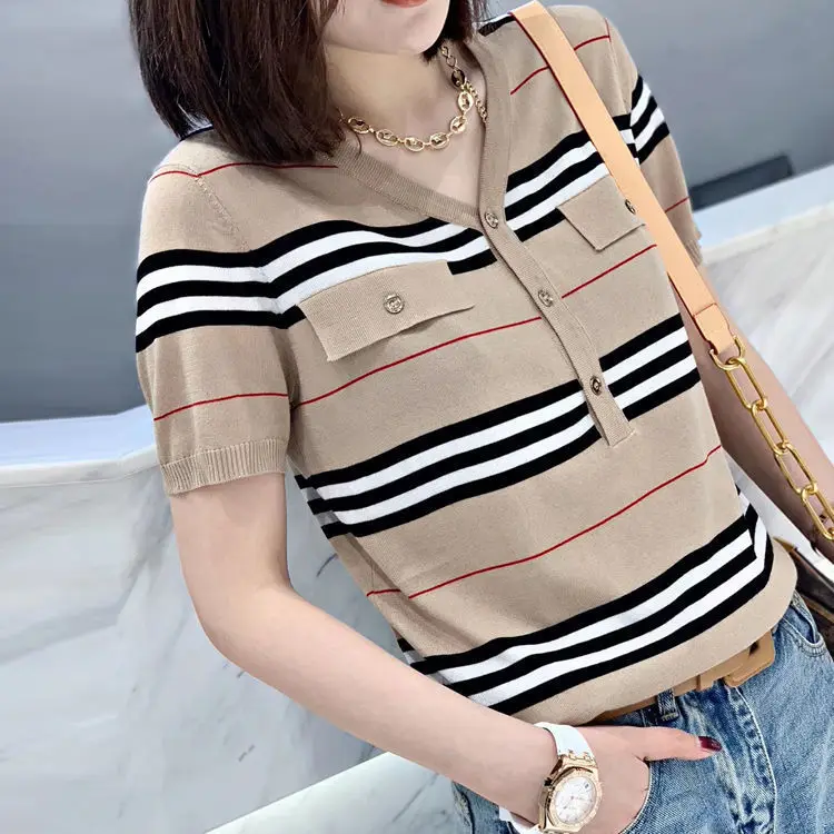 

Striped women's loose T-shirt with spring V-neck as base to show thin, simple stitching and versatile top
