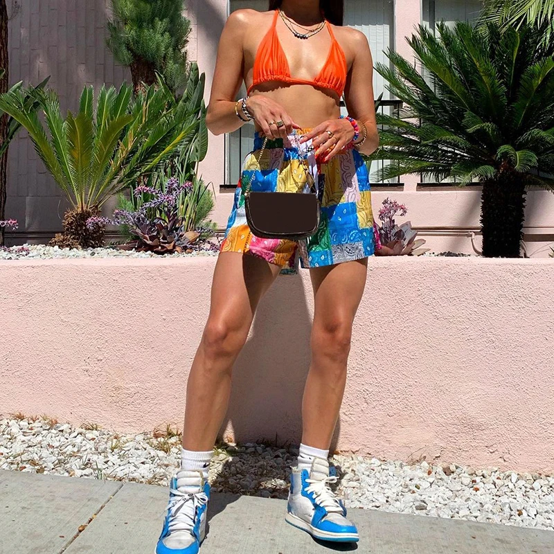 

Rapcopter Printed Beach Shorts Patchwork High Waisted Joggers Female Summer Sporty Shorts Vintage Fashion Streetwear 2021 New