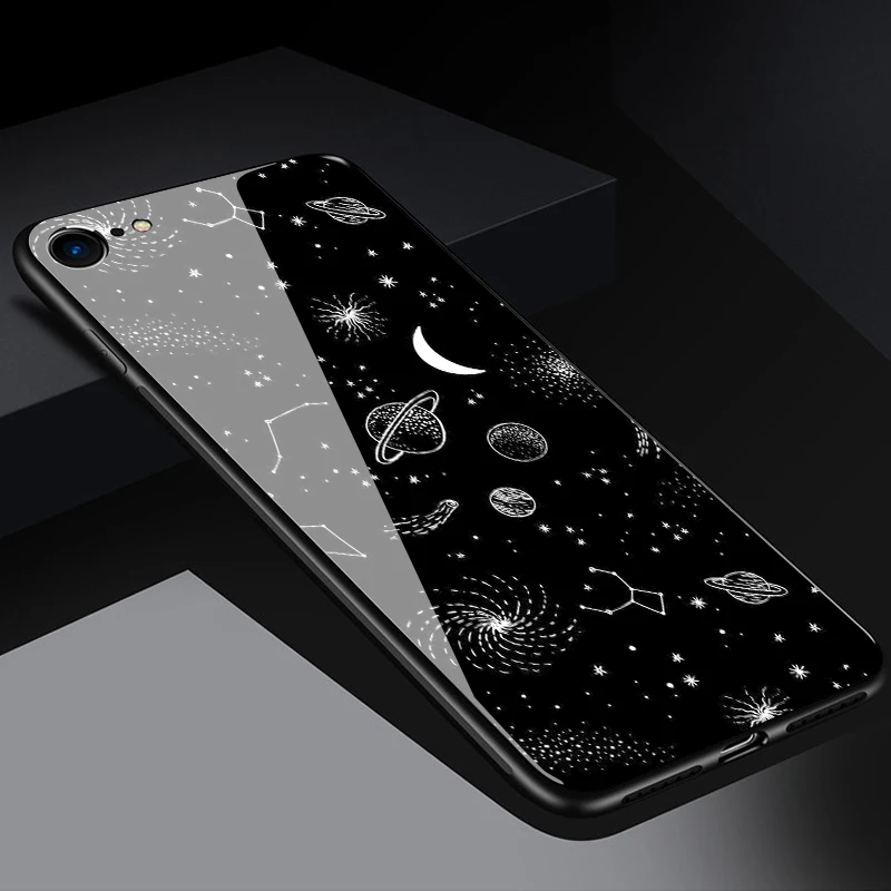Тонкое закаленное стекло+ мягкая силиконовая рамка задняя крышка для iphone XM XS XR X 8 7 6 6S Plus чехол с изображением Луны и звездным принтом чехол для телефона s - Цвет: type 11