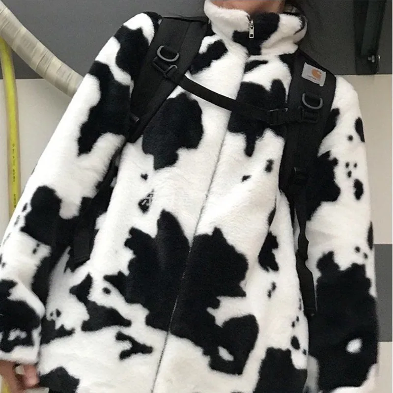 Зимнее меховое пальто для женщин Harajuku молочная коровья корова с принтом
