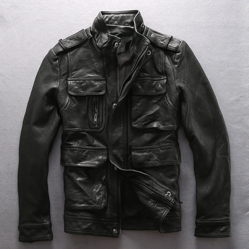 

Classic Alpha M65 Stand Collar Sheepskin Genuine Leather Jacket Men Slim Fit Black Motorcycle Coat