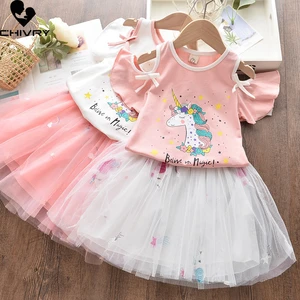 Two-piece Girls Clothing Sets Summer 2022 Baby Girls Unicorn Print Short Sleeve T Shirts with Mesh Pleated Skirt Clothes Suit