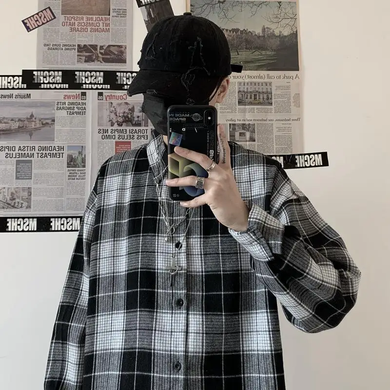 Fashion Japanese Vintage Plaid Shirt Korean Style Long Sleeve Loose Casual Harajuku Oversized Button Up Tartan Shirt