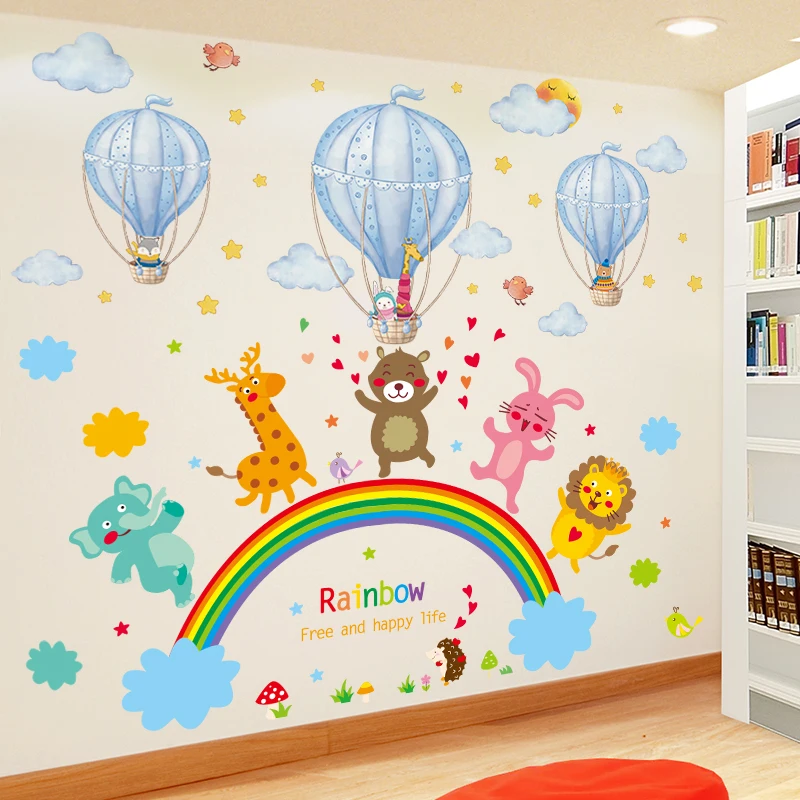 

Cartoon Animals Wall Stickers DIY Hot Air Balloon Rainbow Mural Decals for Kids Rooms Baby Bedroom Decoration