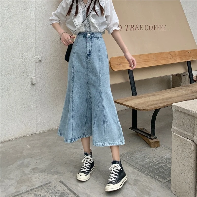 Denim Skirt Women's High Waist Design Sense Retro Mid-Length Ruffled Fishtail SkirtNuyoah | Женская одежда
