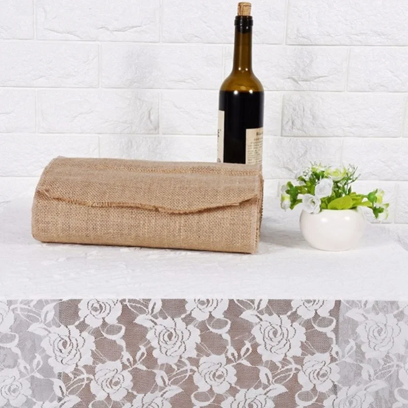 

Natural Burlap Lace Hessian Table Runner Vintage Jute Rustic Tablecloth for Wedding Baby Shower Party Room Farmhouse Decoration