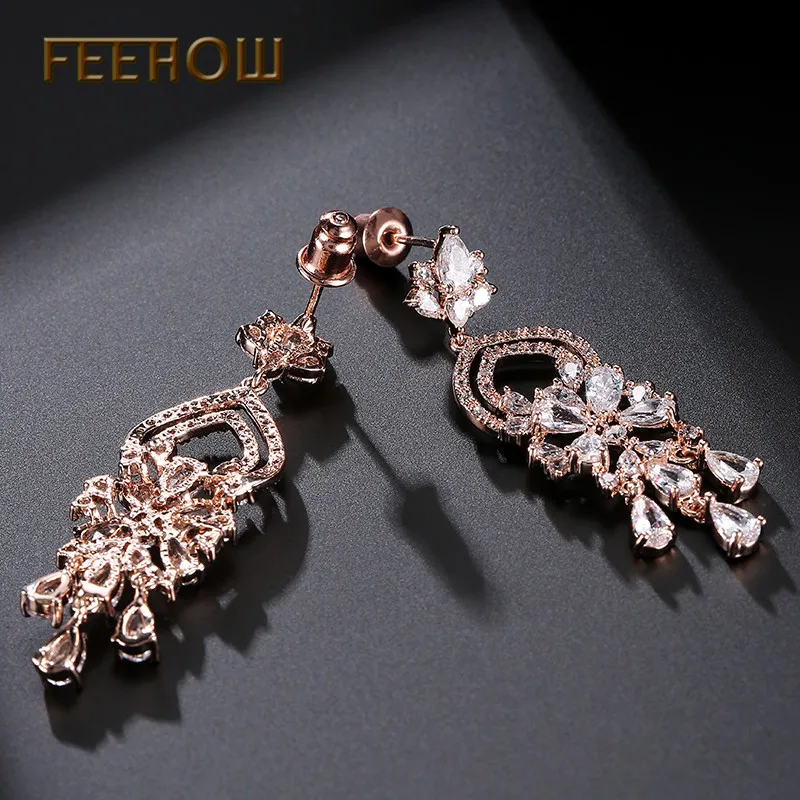 FEEHOW роскошные свадебные висячие серьги с кубическим цирконием ААА в форме люстры