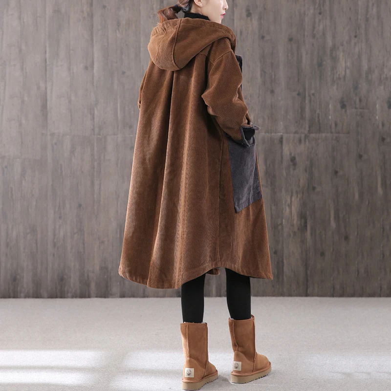 Женское вельветовое пальто с большими карманами толстое хлопковое капюшоном и