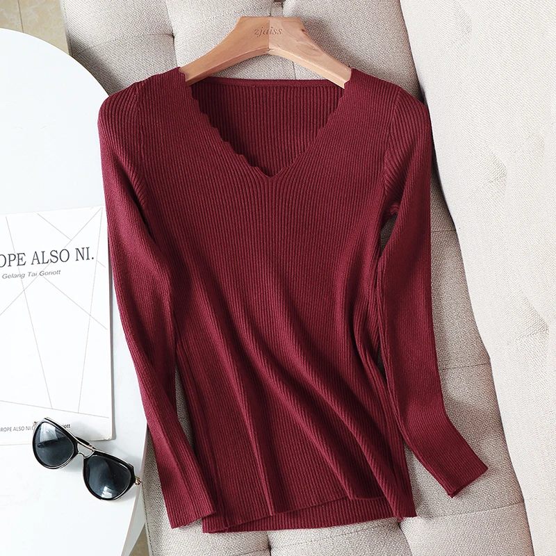 

2021 basic wavy v-neck solid autumn winter Sweater Pullover Women Female Knitted sweater slim long sleeve badycon sweater cheap