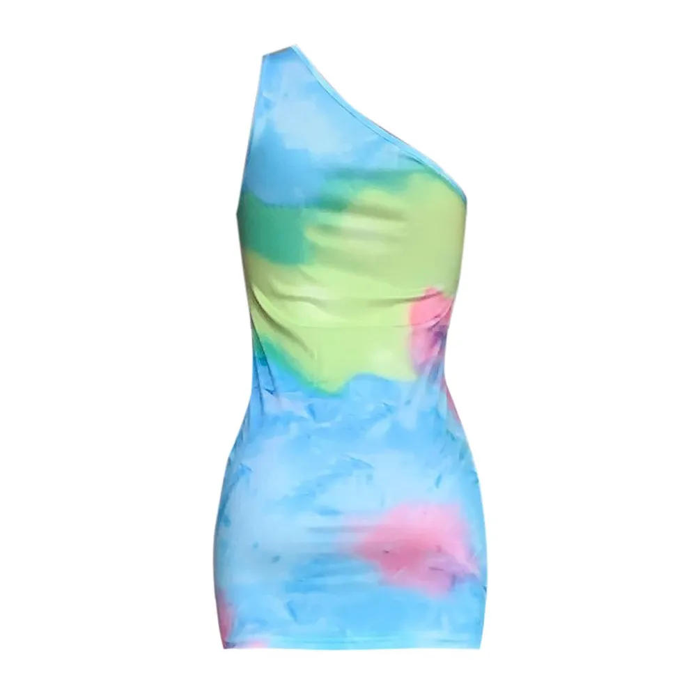 

Sexy Bodycon Colorful One-Shoulder Mini Dress Women's Hollow Out Tie-Dye Sheath Print Dress Ladies Dress Asymmetrical Robe