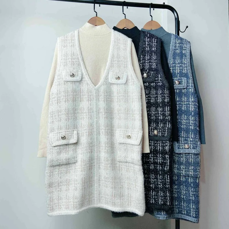 

Women Cottagecore Sweater Vest Suits 2021 New V Neck Sleeveless Knit Sweater Vest Long Sleeve Knitted Tops Spring Autumn Fashion