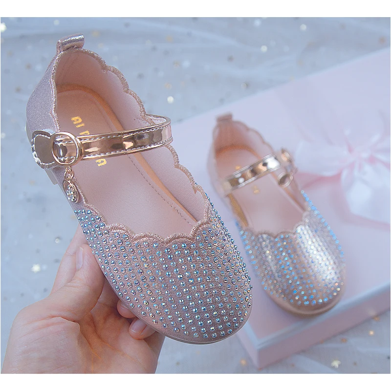 

Туфли принцессы Детские кожаные, повседневные блестящие, на высоком каблуке, с цветком, синие розовые