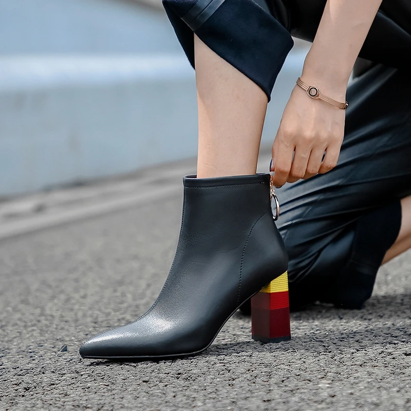 Женские ботильоны из коровьей кожи радужные ботинки на Высоком толстом каблуке с