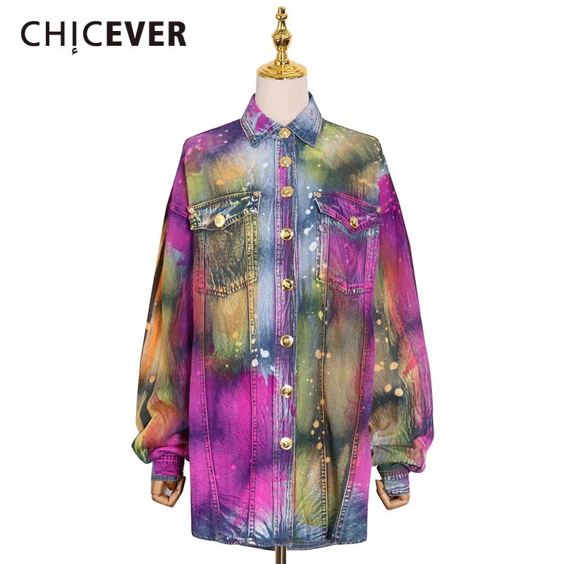 

CHICEVER Casual Print Colorblock Coat For Women Lapel Collar Long Sleeve Fold Pleated Coats Female 2021 Autumn Clothing Fashion