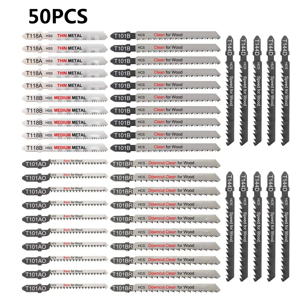 

50pcs Jigsaw Blades Set Assorted T-Shank Jig Saw Blades For Wood Plastic And Metal Cutting T118A T118B T101AO T101B T101BR T144D