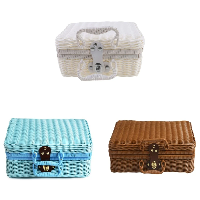 

Vintage Rattan Woven Storage Case Makeup Holder Suitcase Sundries Organizer Box