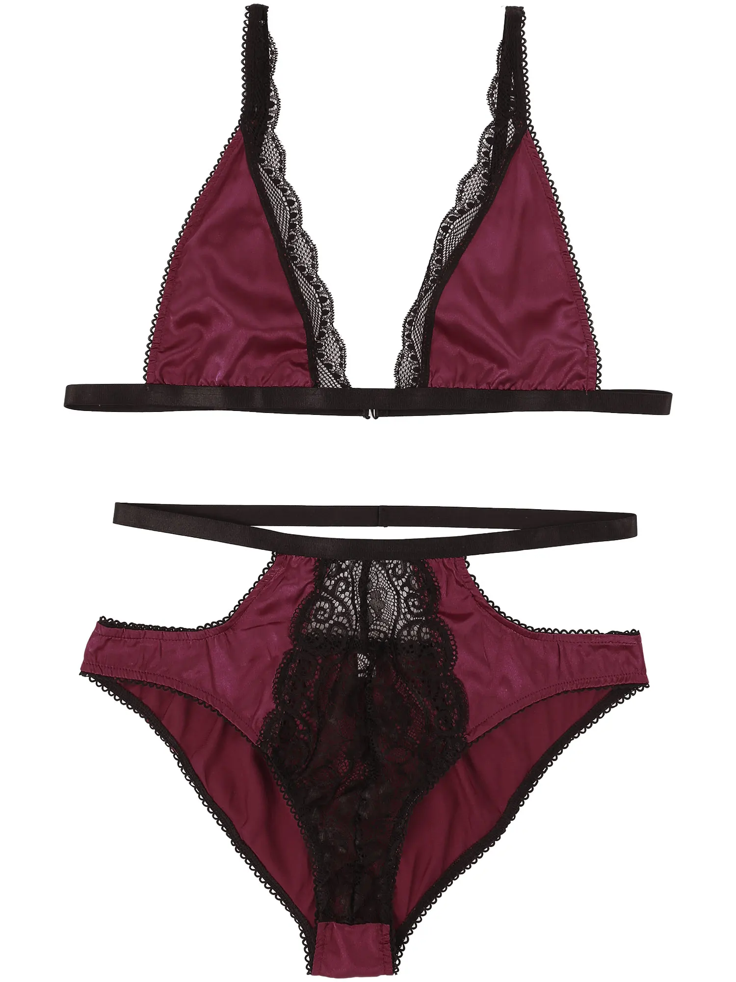 

iiniim Mens Male Satin Sissy Lingerie Set Costumes Lace Trimming Bra Tops with Low Rise Jockstraps Briefs Male Panties Underwear