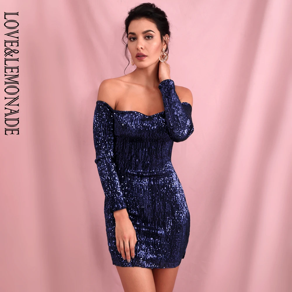 Женское платье с блестками LOVE & LEMONADE синее эластичное воротником стойкой модель
