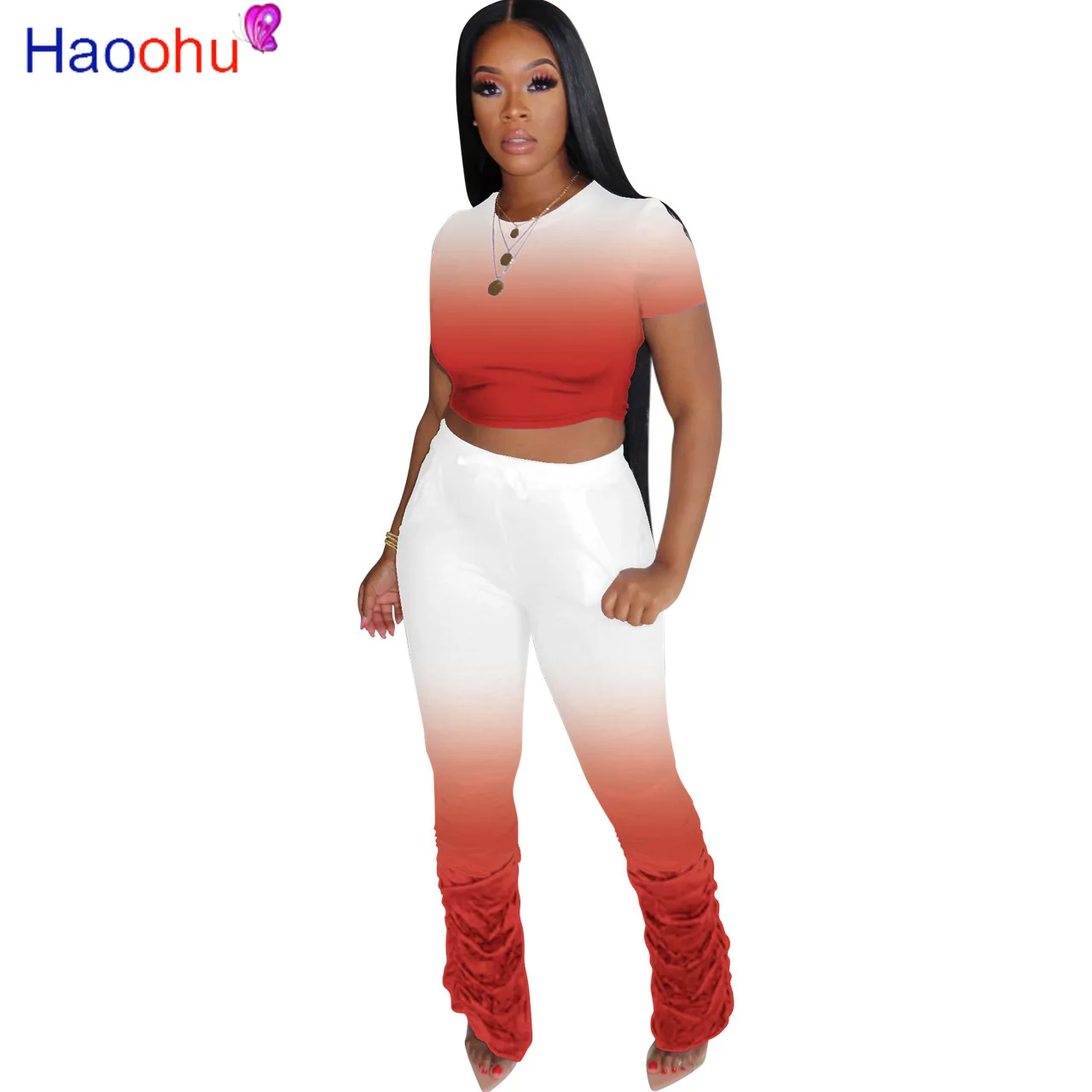 

HAOOHU Women Sport Gradient two piece set Tracksuit o-neck T-shrit Stacked Flare jogger Suit Sweatpants Matching Set outfit