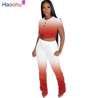 haoohu women sport gradient two piece set tracksuit o neck t shrit stacked flare jogger suit sweatpants matching set outfit