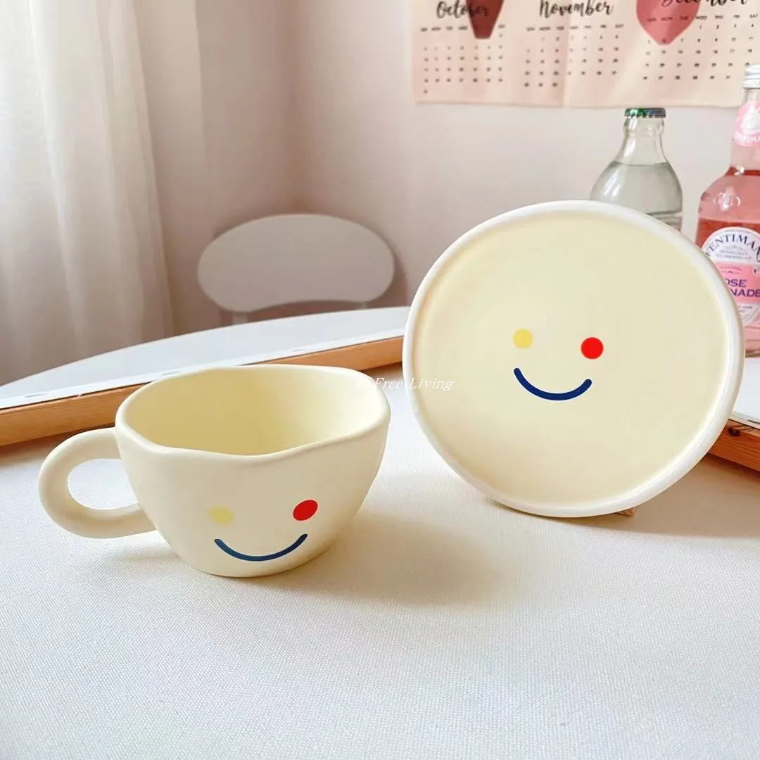 

White Kawaii Cute Smiley Face Mug Classic Coffee Cup Meal Cup and Saucer Dessert Plate Set Customization