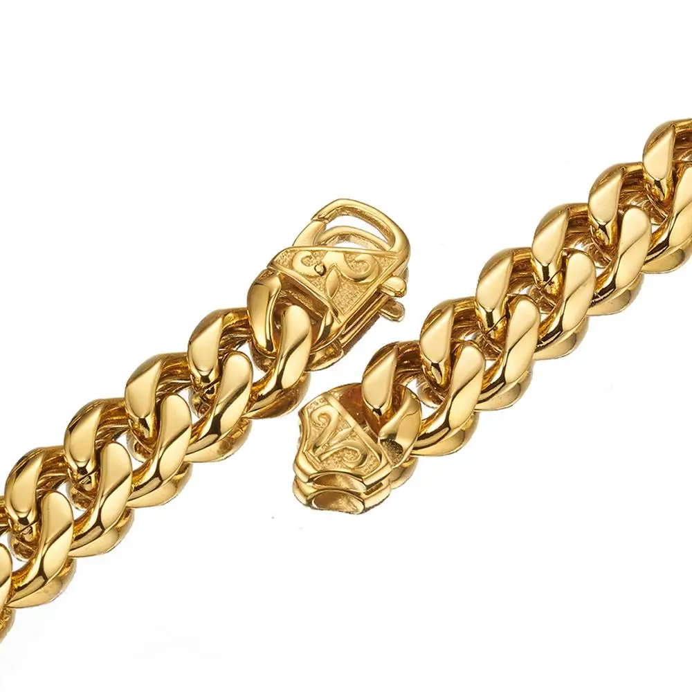 

15mm Wide Gold Tone Stainless Steel Curb Cuban Link Chain Necklace Jewelry Gift 7-40inch