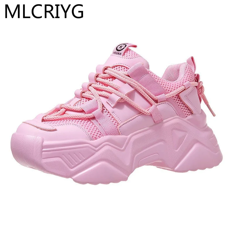 

2021 Fashion Women's Shoes Spring Women's Platform Shoes Lace-up Solid Color Sneakers Comfortable Breathable Mesh Casual Shoes