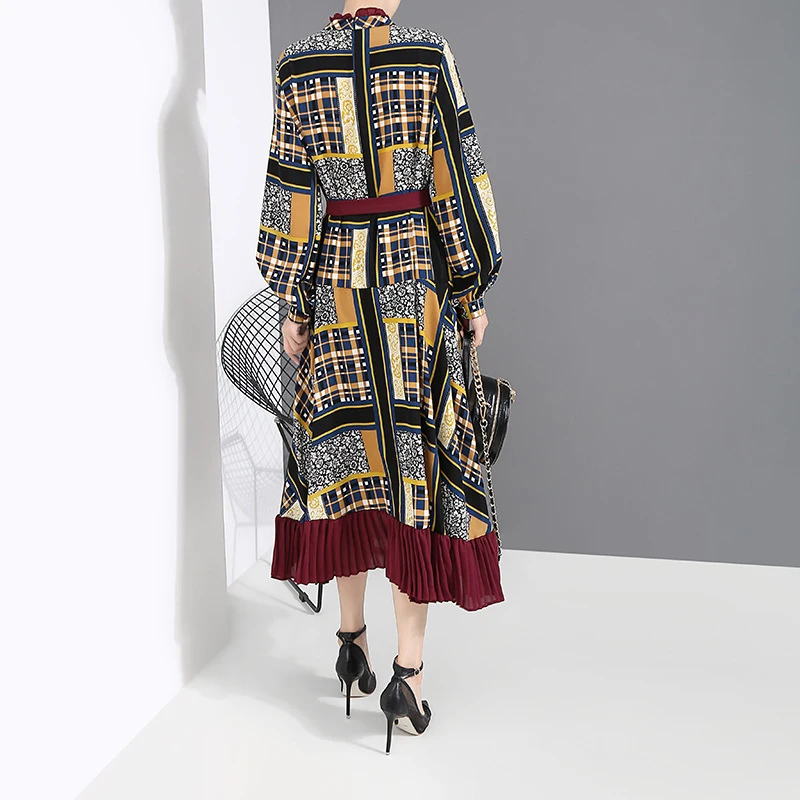 [EAM] Women Pattern Print Pleated Hit Color Dress New Stand Neck Long Sleeve Loose Fit Fashion Tide Spring Autumn 1A884