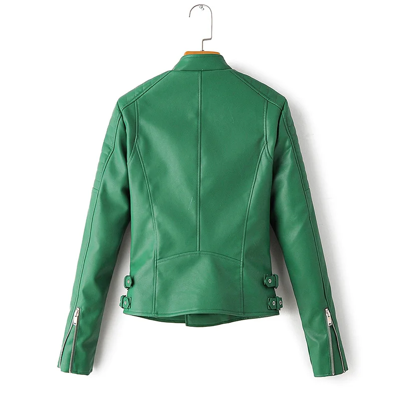 

FTLZZ Pu Leather Jacket Women Stand Collar Faux Soft Leather Short Coats Motorcycle Zipper Street Basic Jacket Green Outwear